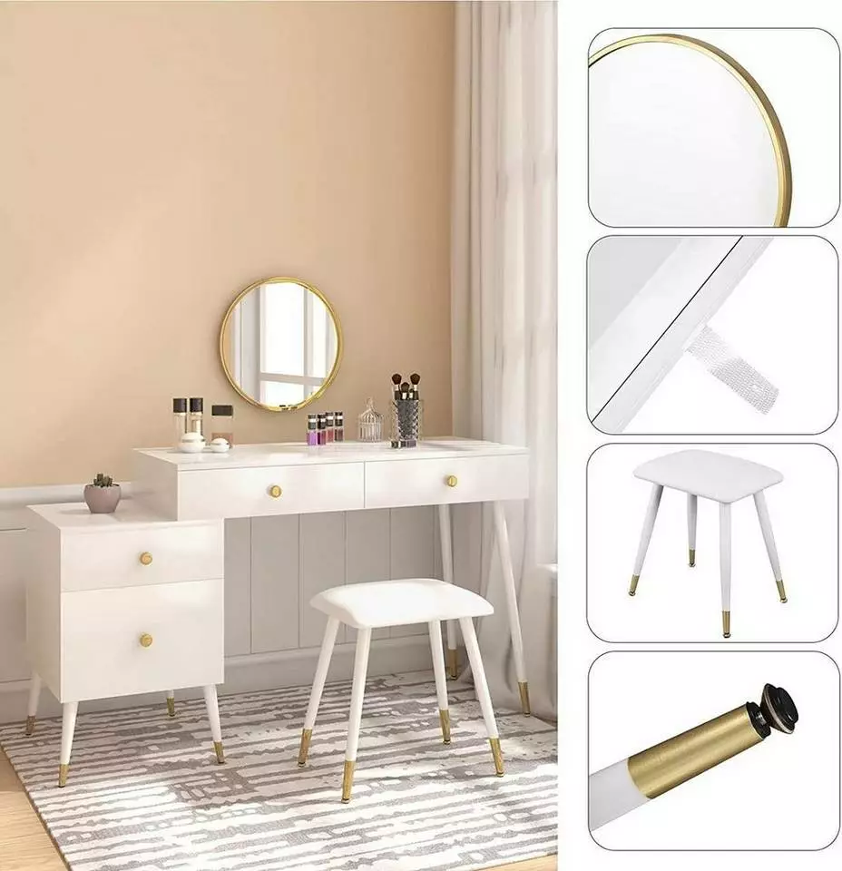EUGAD Schminktisch (1-St), Schminktisch mit Hocker und Spiegel, Frisiertisch mit 4 Schubladen und Kosmetiktisch Frisierkommode für Schlafzimmer, Weiß Gold 2 EUGAD Schminktisch (1-St), Schminktisch mit Hocker und Spiegel, Frisiertisch mit 4 Schubladen und Kosmetiktisch Frisierkommode für Schlafzimmer, Weiß Gold – Bild 2