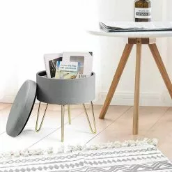 EUGAD Sitzhocker, Samthocker mit Stauraum, rund, mit stabilen goldenen Metallfüßen, Türkis Dunkelgrau, Dunkelgrün, Hellgrau, Rosa, Türkis -Eugad Möbel Einkaufen e8230d2c 4ce5 5179 947e 1f351c9a386e