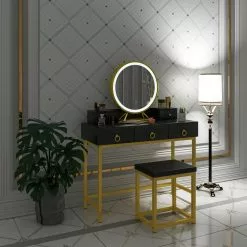 EUGAD Schminktisch (1-St), Schminktisch mit LED-Beleuchtung in 3 Farben, Kosmetiktisch mit Spiegel und Hocker, 5 Schubladen, 100x40x140cm, Modern Kosmetiktisch Weiß Schwarz, Weiß -Eugad Möbel Einkaufen f04ea12f 3428 4e71 8c86 2c39092d6023