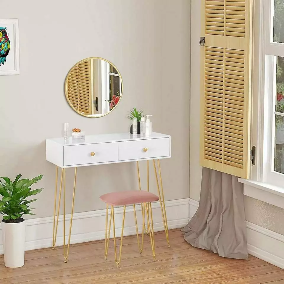 EUGAD Schminktisch (1-St), Frisiertisch Kosmetiktisch mit rundem Spiegel und 2 Schubladen für Schlafzimmer aus MDF und Massivholz, Goldenfußgestell, Weiß+Golden 2 EUGAD Schminktisch (1-St), Frisiertisch Kosmetiktisch mit rundem Spiegel und 2 Schubladen für Schlafzimmer aus MDF und Massivholz, Goldenfußgestell, Weiß+Golden – Bild 2
